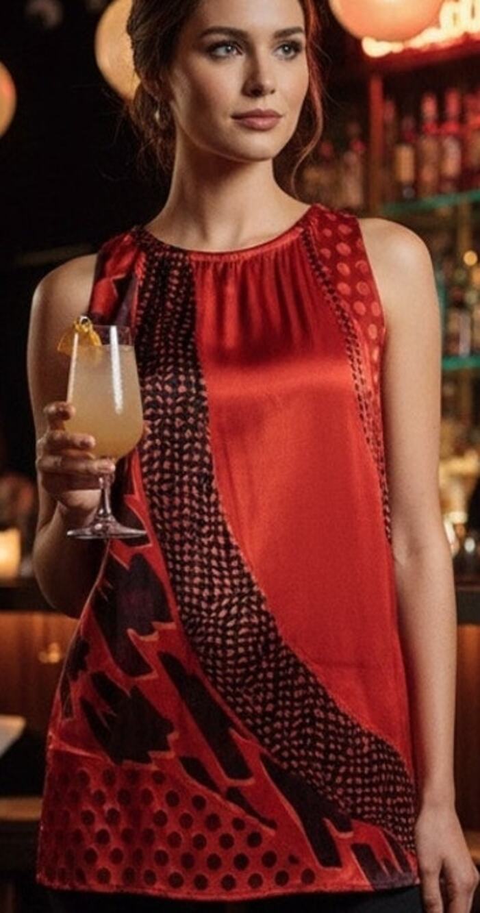 CAbi Red and Black Patchwork Silk Blend Burnout Top